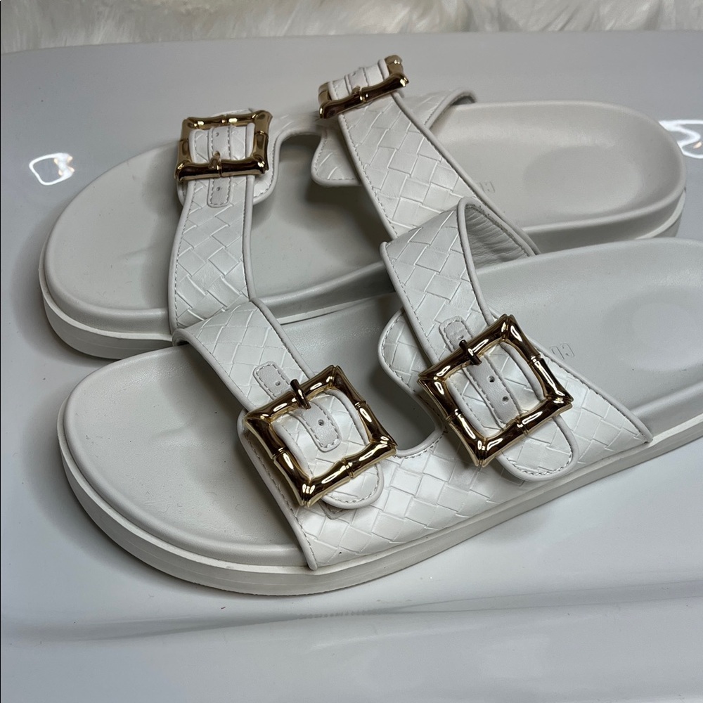 Chic White Sandals with Gold Buckles